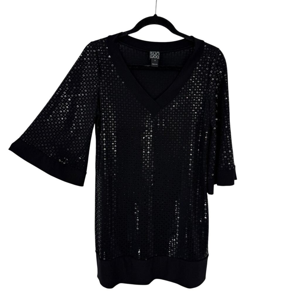 Clara Sun Woo Black Shimmer Circles Tunic Small 3/4 Flare Sleeve Party Event